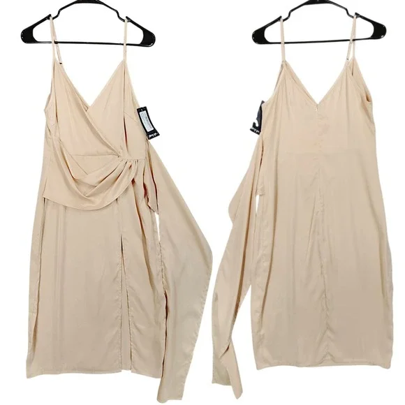 Nasty Gal Slip Dress 8 Wrap Drape Midi Spaghetti Front Knot‎ Oyster Cream NEW - Picture 3 of 12